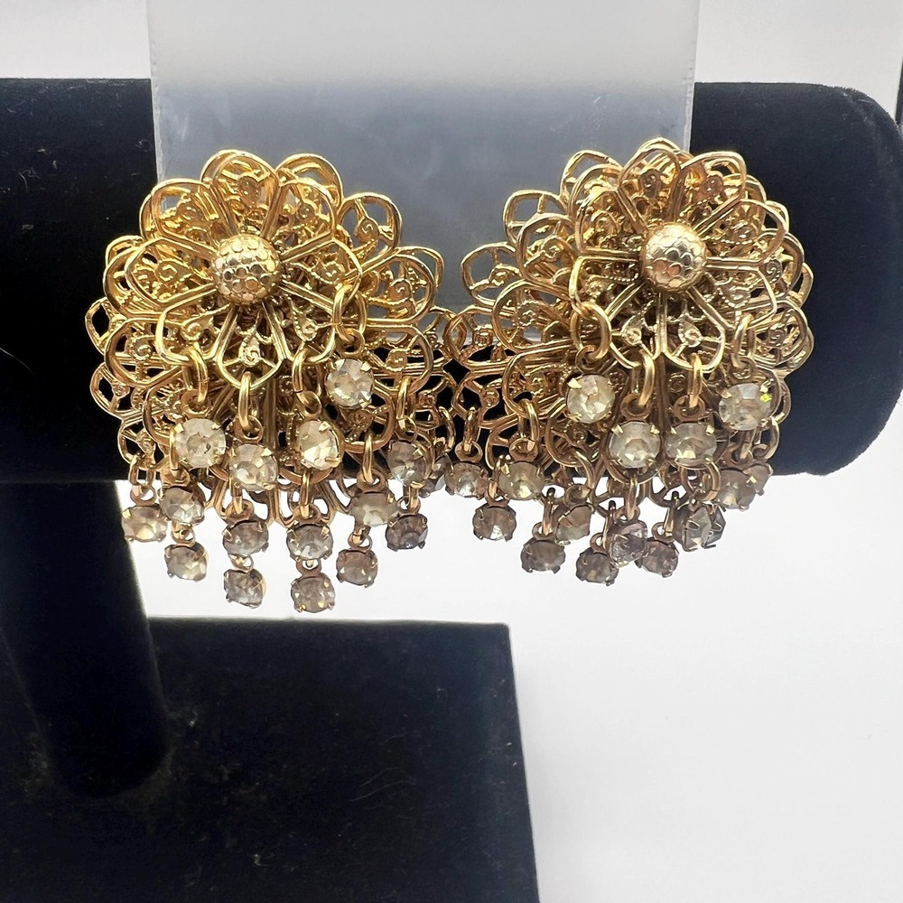 Vintage Glam Gold Tone Filigree Clip-On Earrings with Rhinestone Fringe ✨